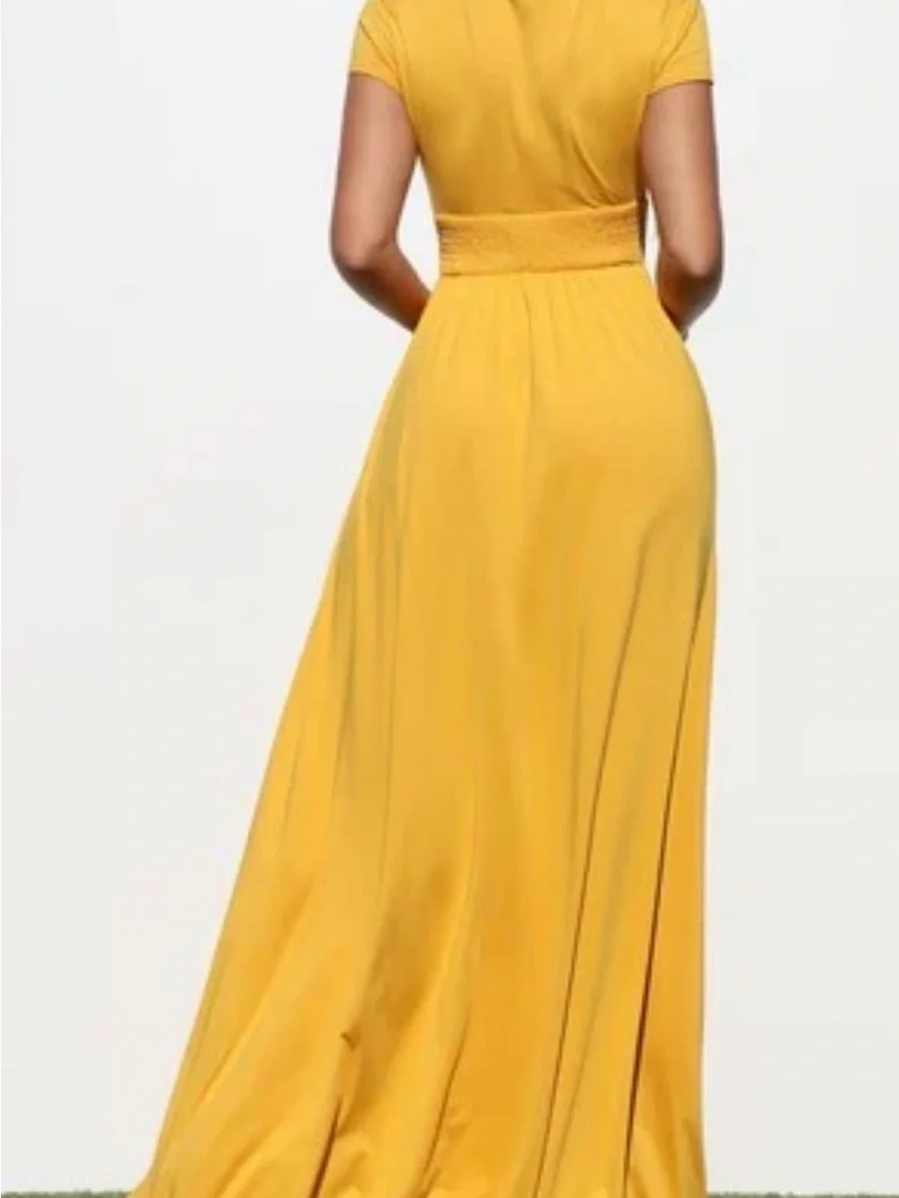 Elegant V-Neck Mustard Yellow Maxi Dress with Thigh Slit - Picture 2 of 2